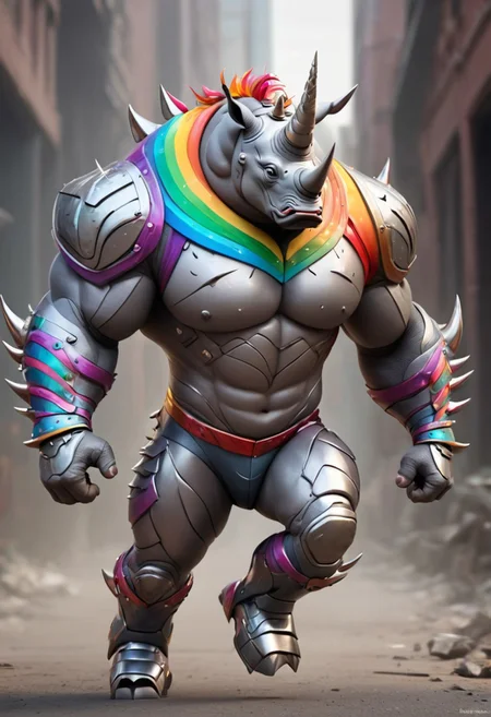 lazypos,RainbowUnicornStyle, the Rhino, 1boy, solo, rainbow colours, unicorn horn,black eyes, spikes, armor, bodysuit, big biceps, 6 pack abs, forged carbon skin and armour, raging, running towards viewer, dynamic, motion lines, dramatic, surreal, ground shaking,