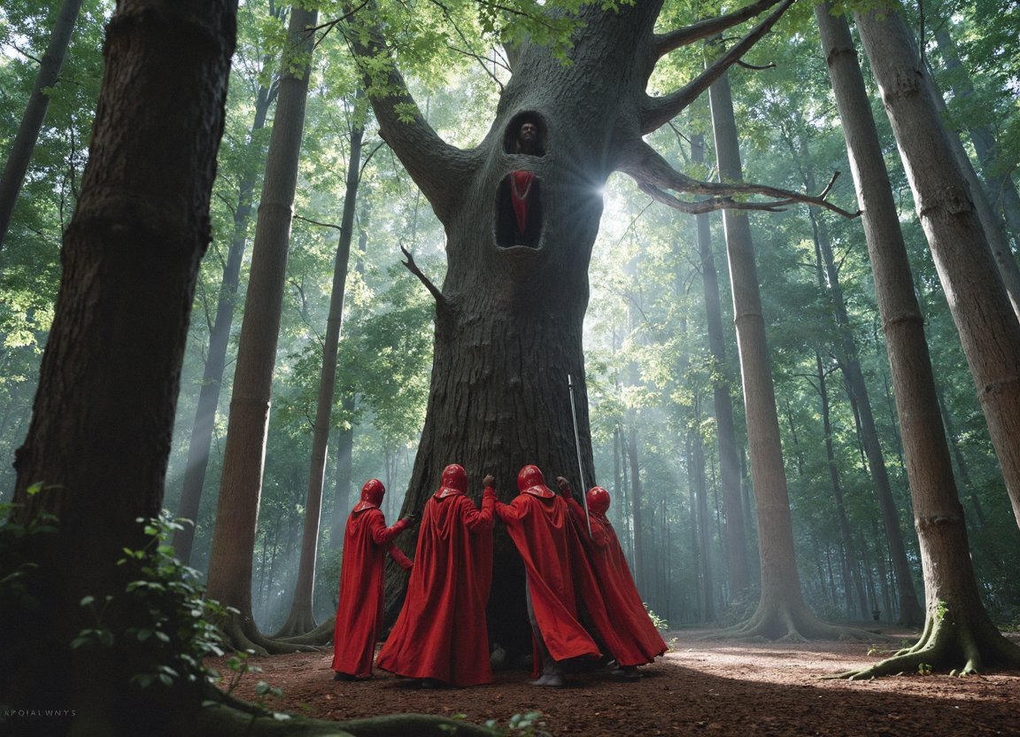 {"T5": ",A highly detailed, hyperrealistic photograph of a Royal Imperial Guard, modestly dressed in intricately designed red garb that covers them from shoulder to ankle, with a matching helmet, crushed by a massive, ancient, toppling giant tree, its trunk thick and gnarled, with branches stretching out in all directions, the guard's facial expression frozen in a mixture of shock, fear, and desperation, their eyes wide with terror, the skin and facial features extremely detailed, with every wrinkle, fold, and texture visible, the scene set in a dense, misty forest, with the camera positioned at a low angle, looking up at the tree, emphasizing its enormity, the composition following the rule of thirds, with the tree trunk and the guard's body aligned along the lines, the golden ratio guiding the placement of the guard's helmet and the tree's branches, the lighting dramatic, with dappled sunlight filtering through the leaves, casting intricate shadows on the forest floor,", "CLIP-L": ",Royal Imperial Guard, red garb, helmet, giant tree, toppling, crushed, hyperrealistic, highly detailed, photograph, modest, intricately designed, ancient, misty forest, dense, low angle, rule of thirds, golden ratio, dramatic lighting, dappled sunlight, intricate shadows,"}
<lora:Imperial_Royal_Guard_Star_Wars:1.0>