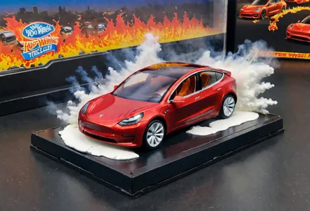 Hot Wheels toy car company have made a toy car version of a Tesla Model 3, The toy telsa model 3 car comes in a mini display unit/box. The car is exploding into fire and flames, white smoke fills the top of the display box, (realistic explosion from car), (realistic Flames bellow from the car windows inside the display unit), (standing next to the car is a little palstic toy man, he holds both arms in the air,