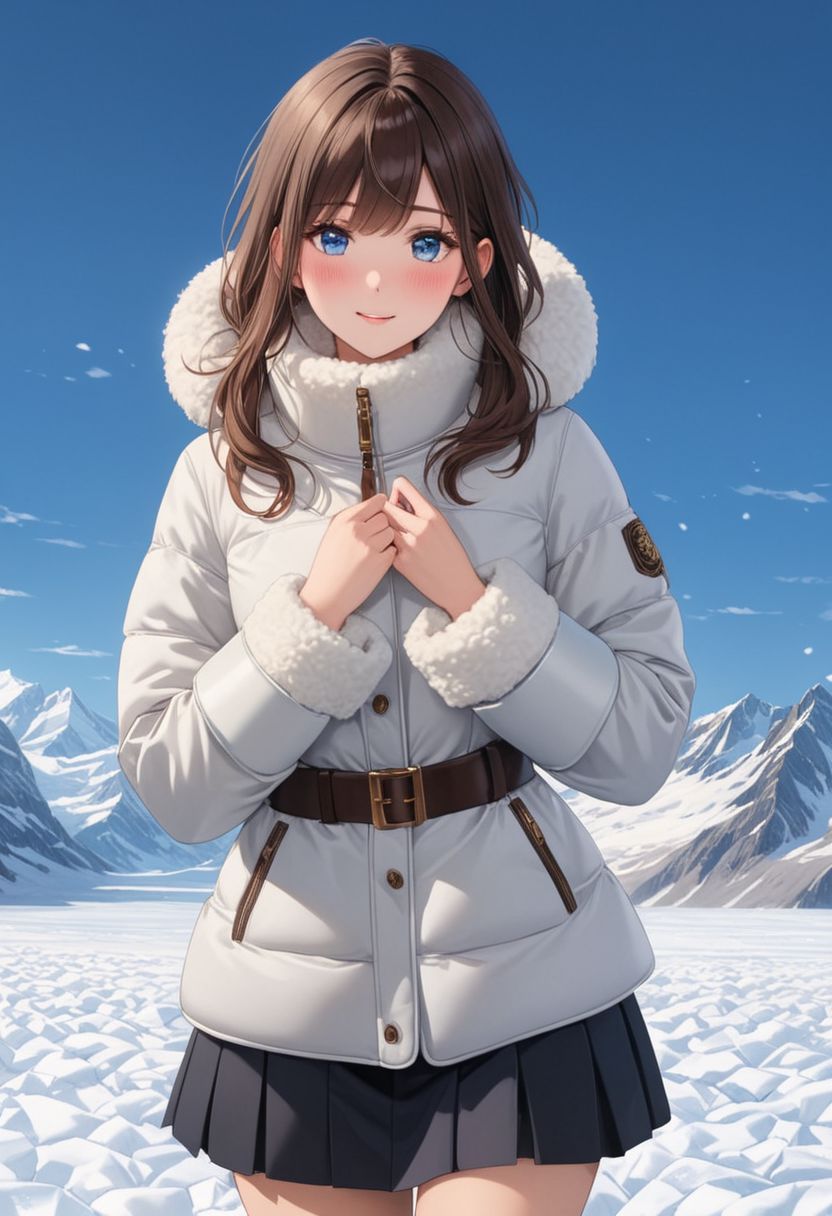((((white Oversized shearling down jacket)))), ((((white Oversized shearling puffer jacket)))), ((((white Oversized shearling winter clothes)))), ((((very very cold, in cold)))), ((((semi-realistic)))), ((((puffer hood)))), ((medium knee office skirt, pantyhose, boots)), ((((full body)))), ((sharp eyelid, eyeliner, eyelashes, beautiful detailed eyes, tsurime, long messy brown hair, blue eyes, perfect anatomy)), detailed fingers, solo, smile, standing, icefield, ((((masterpiece)))), ((((best quality)))), ((intricate details)), RAW, 8K UHD, (1girl), office lady, detailed face, beautiful face, charming, bonny, (((blush))), (((heavy breathing))), (((feels orgasm))), wind, (Thick padded collar:1.4), (TSH:1.4), (Thick padded cuffs:1.4)