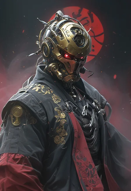 Create a extrahart, mystical, and high-resolution image of an busty female anthropomorphic a humanoid robot with intricate mechanical components named c3po. The character should be depicted in a manga cover style with wealthy portraiture and poster art elements. The image should feature rich colors and high contrast, focusing on the best quality, official art, and a beautiful and aesthetic appearance. Include fractal art elements and a colorful background with a splash of color. Use a movie perspective and an advertising style, similar to a magazine cover. C3po samurai should be shown solo, wearing Japanese clothes and armor, holding a sheathed katana, and standing in a cowboy shot pose. The robot should have neon green and yellow hip-hop clothes, tattoos, muscular abs, shoulder armor, and a metallic flowers in the background. Emphasize a samurai theme with a black and red background and starwars elements.