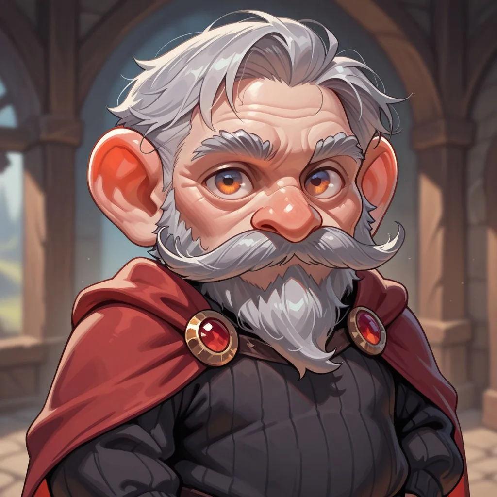 masterpiece, best quality, amazing quality, very aesthetic, solo, upper body,
gnome, short stature, shortstack, big eyes, big ears,
1 boy, male focus, old man, gray hair, mustache, black sweater, red cape,
looking at the viewer, posing,
fantasy background, blurred background,