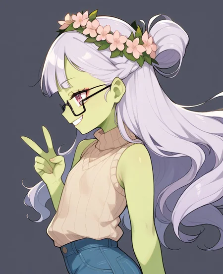 score_9, score_8_up, score_7_up, score_6_up, 1girl, solo, perfect hand, flat chest, (green skin:1.2), (petite:1.1), wavy_hair, light purple hair, long hair, half updo, blunt bangs, pastel pink eyes, heterochromia, makeup, flower crown, hairband, glasses, teal jeans, light lavender sweater vest, profile, double_v, evil grin, intense stare