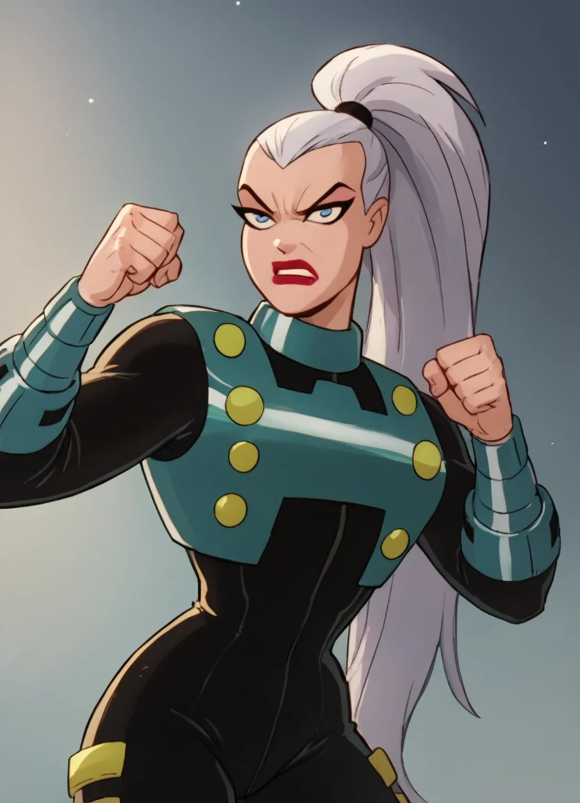 <lora:MalaPony1.00:1>mala, 1girl, solo, black bodysuit, lipstick, blue eyes, bracer,ponytail, white hair, score_9, score_8_up, score_7_up, score_6_up, score_5_up, score_4_up, looking at viewer,clenched hand, cowboy shot,