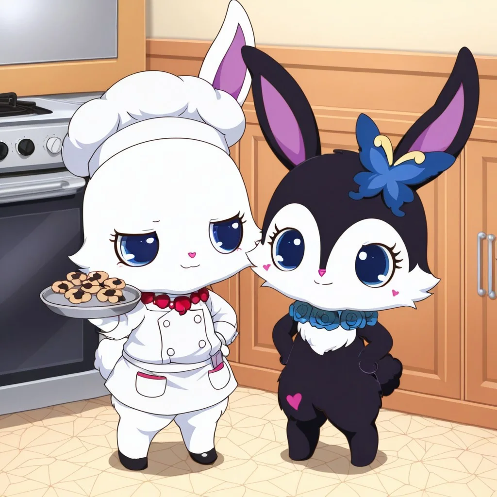score_9, score_8_up, score_7_up, score_6_up, score_5_up,
best quality, masterpiece, smirks, Full Body, Romantic, Small Body, Furry, looking_pleasured, duo, female/female, 2girls, kitchen, chefs hat, chefs shirt, chefs skirt, rubyjp, no humans, rabbit, chibi, furry, hair ornament, necklace, jewelry, chest fur, white fur, chef outfit, mixing cookie mix, large bowl, luea, feral, blue eyes, rabbit, furry, rabbit ears, black fur, purple inner ear, white chest fur, white face, chibi, body fur, (blue butterfly hair ornament), (blue rose necklace), chef outfit, carry tray full of cookie, oven, oven door open, oven on,
