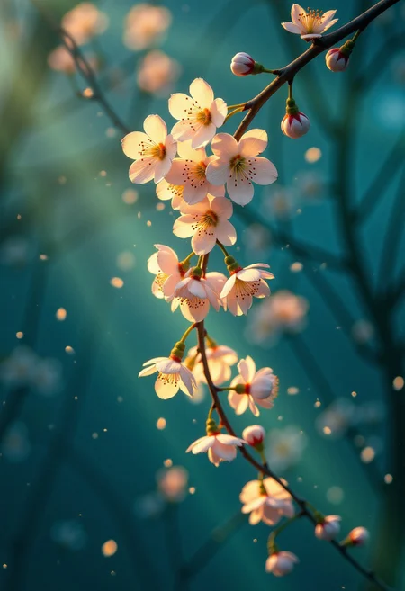 Photorealistic macro photography, capturing swirling, luminous forms reminiscent of a lava lamp, but composed of blooming cherry blossoms. The blossoms cascade through a deep indigo and emerald green environment, illuminated by soft, diffused golden light. Delicate petals drift and intertwine, creating a sense of tranquil motion and otherworldly beauty. The composition utilizes the rule of thirds, with a shallow depth of field emphasizing the foreground blossoms against a softly blurred background, evoking a dreamy, nostalgic atmosphere. light from below style, light from below, Underlighting