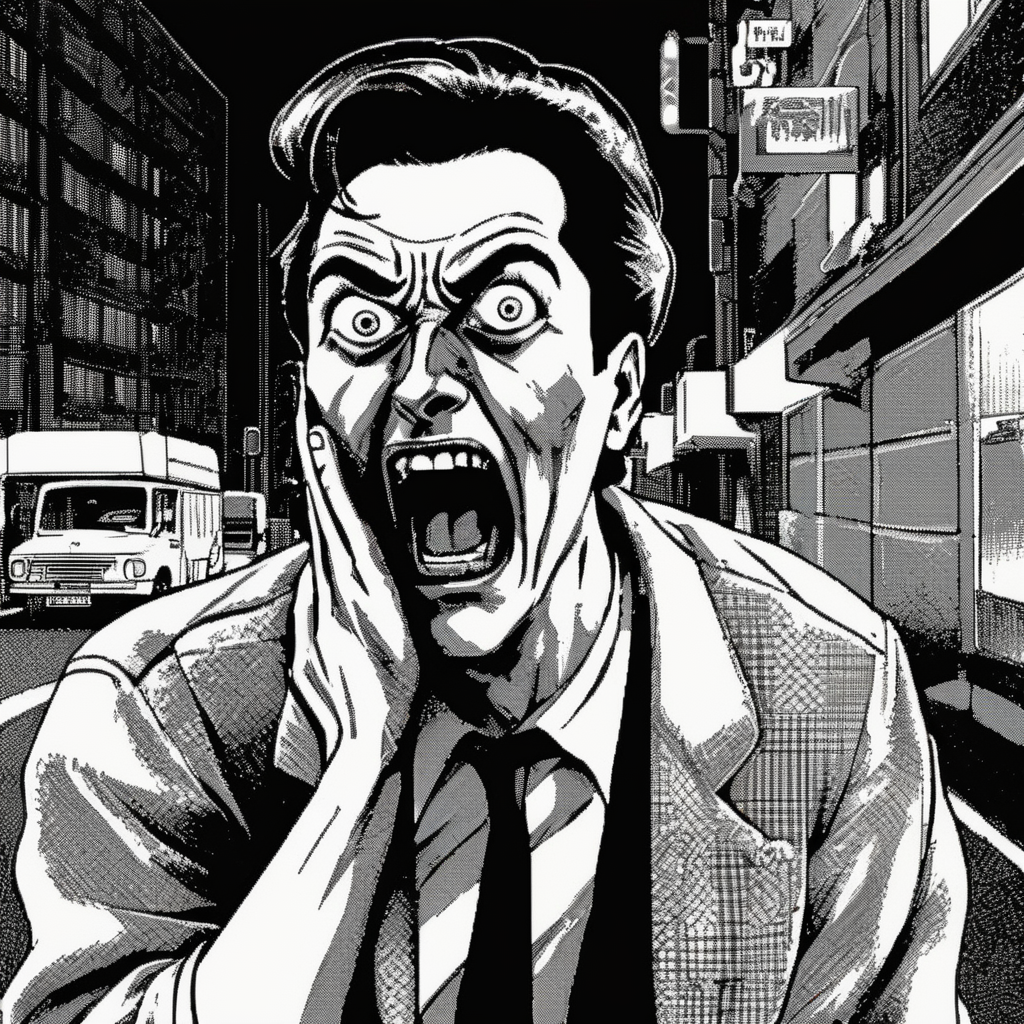 <lora:Macpaint-XL-000015:1>, Macpaint, a black and white pixel image of  a scared and terrified man grabbing hold of his head screaming in terror on a street at night, funny expression, comedy, funny, film noir, pixel art, best quality, 80s, masterpiece, dithering