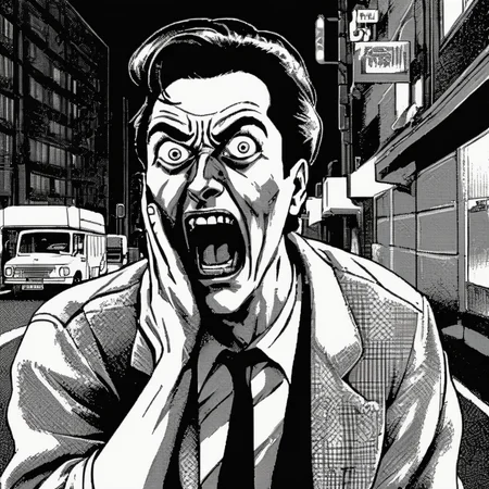 <lora:Macpaint-XL-000015:1>, Macpaint, a black and white pixel image of a scared and terrified man grabbing hold of his head screaming in terror on a street at night, funny expression, comedy, funny, film noir, pixel art, best quality, 80s, masterpiece, dithering