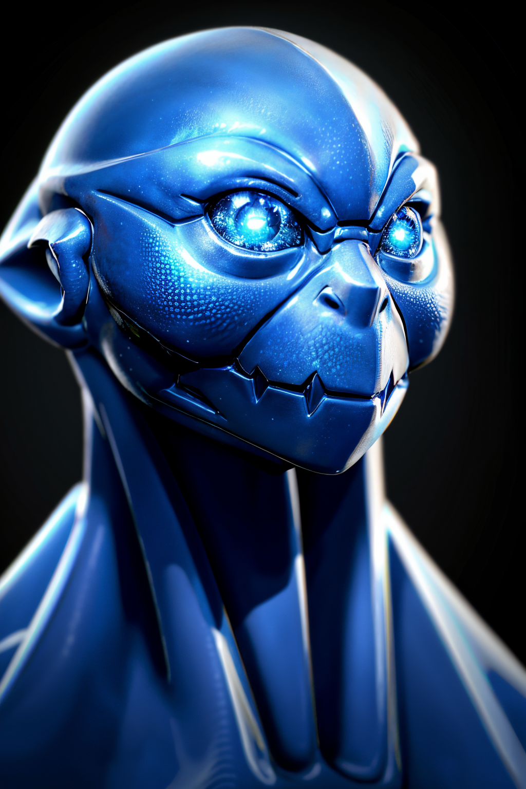 (Realistic:1.5) glowing eye building sharp teeth blue eyes standing colored skin gem black background glowing eyes  <lora:EdobAlienSpecies_v1.0:0.8>