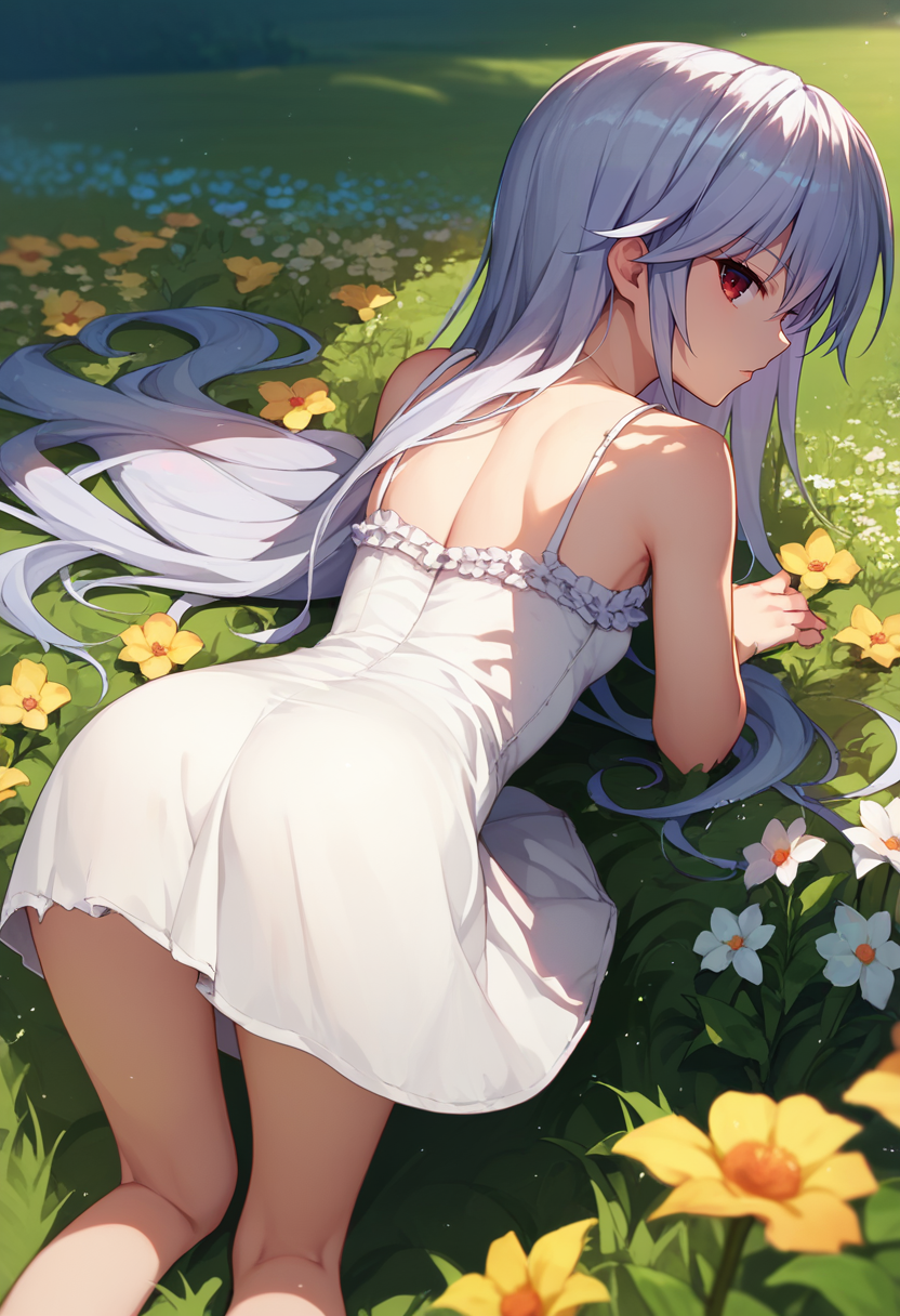 score_9, score_8_up, score_7_up, 1girl, kazami kazuki, silver hair, long hair, red eyes, white sundress, flower field, from behind, bent over, looking at viewer,   <lora:Kazuki DORA6-000007:1>