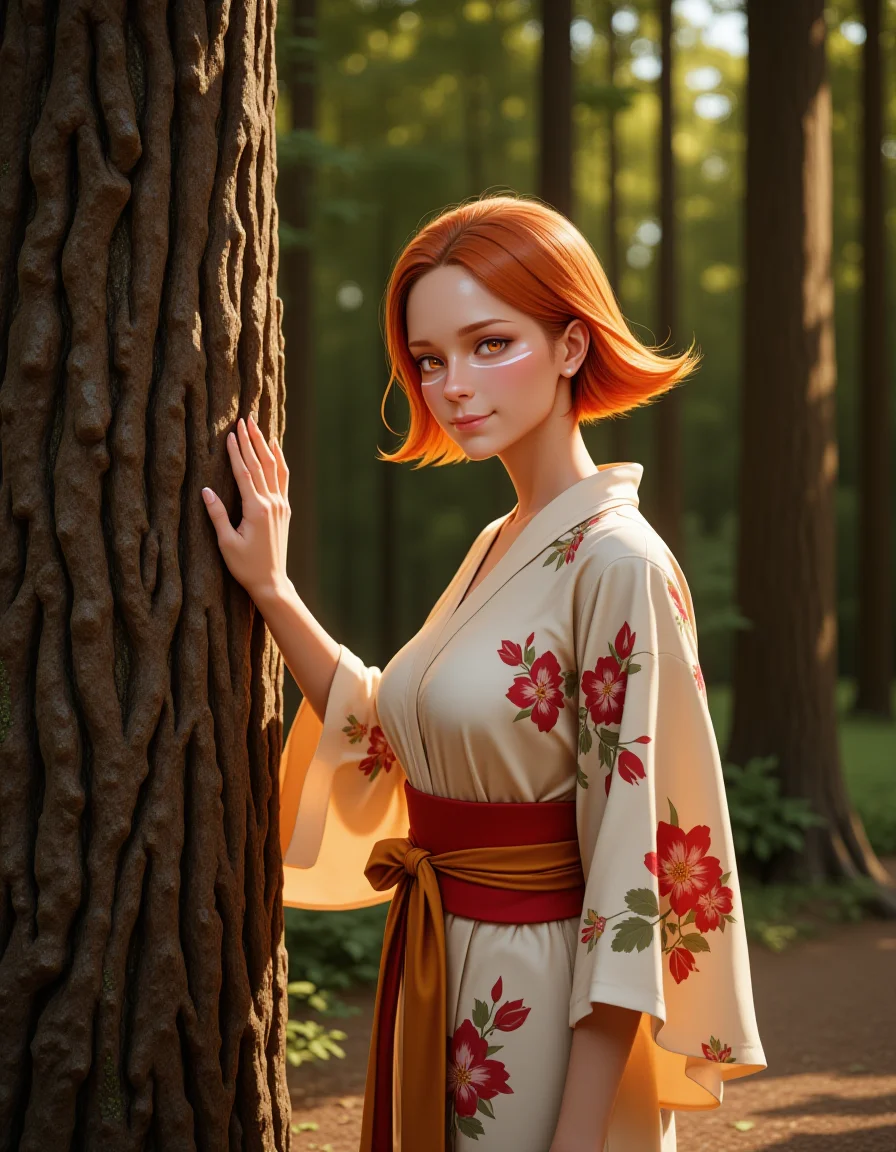 Semi-Realistic Style in a wide shot. Looking at viewer, outdoors in daylight, explicit
She is a 25 year old mature woman, Content with a soft smile, relaxed eyes, and a peaceful demeanor radiating calm. 
<lora:Dota_2_-_Lina_v2-000030:1> d2-lina she has orange hair and orange eyes. Wearing a
Silk kimono robe with floral patterns and wide, flowing sleeves tied at the waist with a sash
A woman stands beside a tall, ancient tree, placing her hand on its rough bark as she takes in the surrounding forest, the leaves rustling softly in the wind.