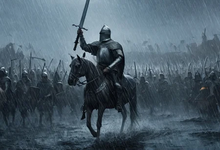medieval era, battlefield, knight on horse, raining, holding sword, sword raised, army, banner, sword and shield,