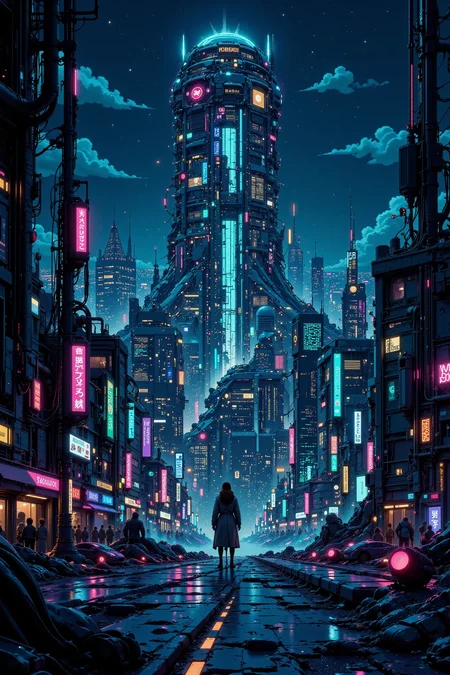 robot city beautiful  landscape, bright luminous night, woman, very intricate, very detailed, sharp, bright, colorful, <lora:Hand v2:0.5> <lora:Anti-Blur:1><lora:Insane Detail Slider:0.25>  <lora:flux.1_lora_flyway_Epic-detail_v2:0.3> <lora:fluxenhancer:0.25> <lora:ck-Neon-Retrowave:0.4> ck-rw, in the style of ck-rw,  <lora:Neurocore Anime Cyberpunk:0.8> A digital artwork in the style of cknc