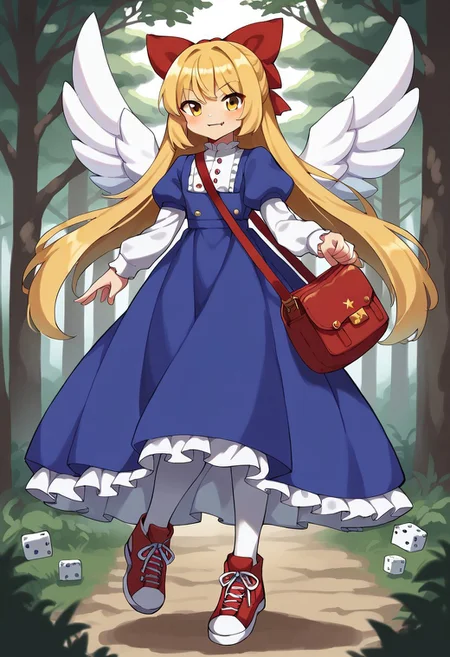 score_9, score_7_up, source_anime, masterpiece, best quality, detailed, perfect, perfection, aesthetic, absurd, detailed,
illustration showing Tipsy by kame,
1girl, yellow eyes, blonde hair, long hair, bangs, red hairbow, :3, fang, closed mouth,
white bodice, buttons, blue dress, white embroidery, frills, puffy sleeves, white pantyhose, red sneakers, wings, red shoulder bag,
full body, flying, holding on to the strap of the bag, outdoors, forest, light particles