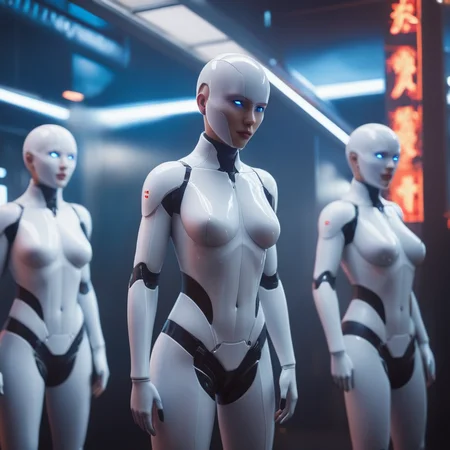 cinematic film still of  <lora:perfection style:0.3> perfection style
 <lora:Unreal Engine style:0.4> Unreal Engine style
 <lora:Ghost in the Shell style:0.8>
In Japanese manga cyberpunk city a group of white and red humanoids standing in a room,breasts,blue eyes,multiple girls,medium breasts,bodysuit,watermark,skin tight,latex , detailed, different, real, unique, cinematic, dramatic, concept art, filmic, perfect, high quality, shallow depth of field, vignette, highly detailed, high budget, bokeh, cinemascope, moody, epic, gorgeous, film grain, grainy