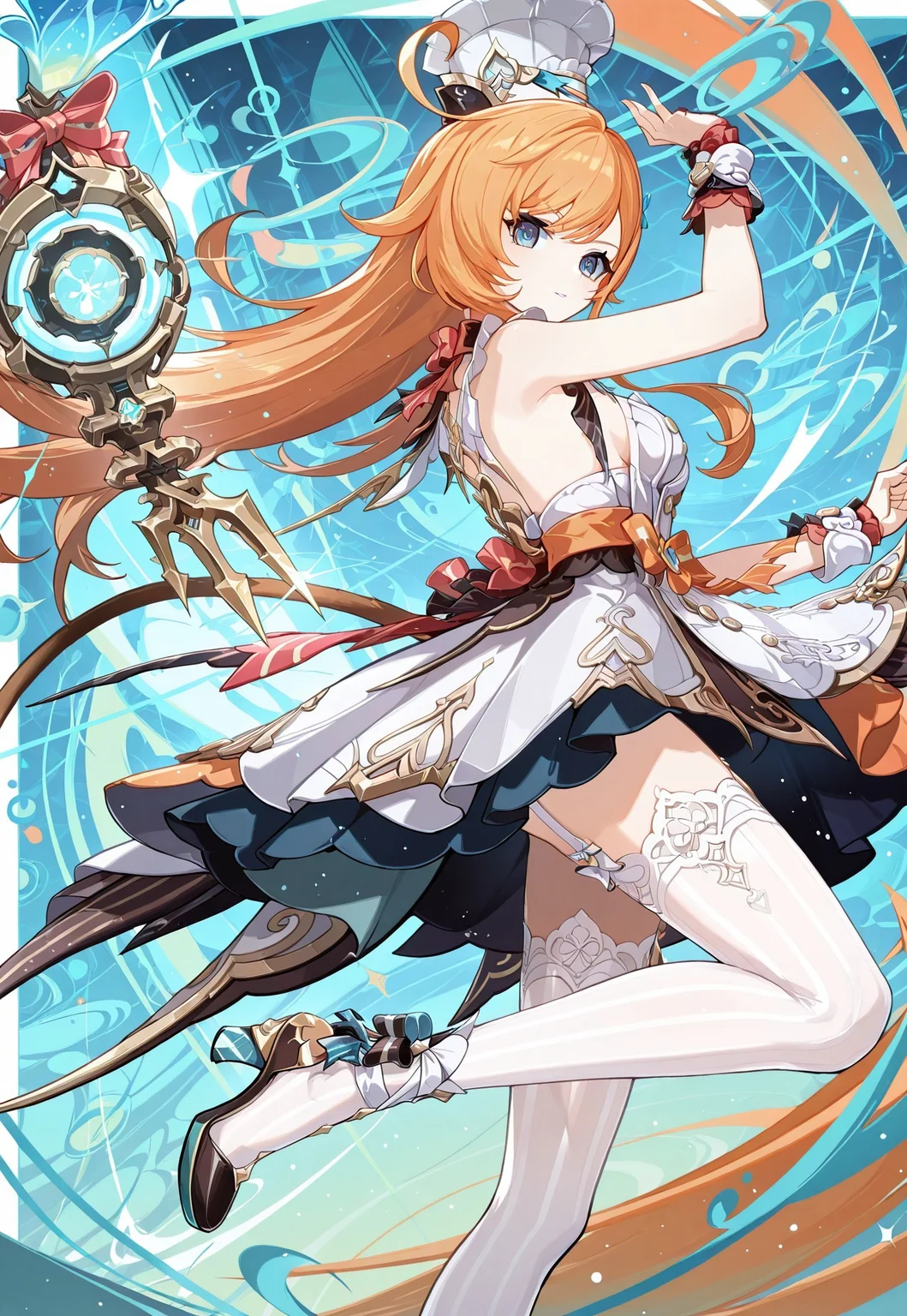 2d, anime face, manga face, anime coloring, rim light, 1girl, solo, ((escoffier, bangs, ahoge, orange hair, long hair, blue eyes, hair ornament, 1girl, glossy lips, chef hat, wrist cuffs, white thighhighs, dress, bow, white dress, striped, garter straps, high heels, tail, sideboob, sleeveless, sleeveless dress), dynamic pose, looking at viewer, abstract, cinematic, colorful, very awa, masterpiece, best quality, absurdres, newest, perfect quality, intricate details