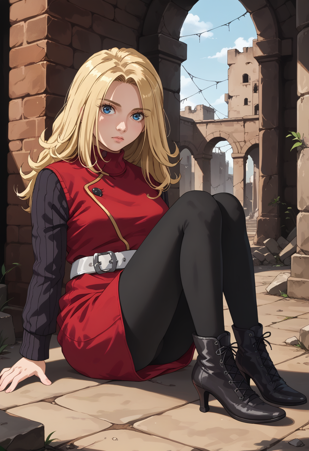 score_9, score_8_up, score_7_up, source_anime, 1girl, sitting, on ground, knees up, looking at viewer, worried, <lora:YokoCV-pdxl:1> yokoCV, long hair, blonde hair, blue eyes, red dress, sweater, long sleeves, white belt, black pantyhose, ass, high heel boots, brick, ruins, spider web