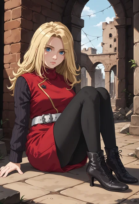 score_9, score_8_up, score_7_up, source_anime, 1girl, sitting, on ground, knees up, looking at viewer, worried, <lora:YokoCV-pdxl:1> yokoCV, long hair, blonde hair, blue eyes, red dress, sweater, long sleeves, white belt, black pantyhose, ass, high heel boots, brick, ruins, spider web