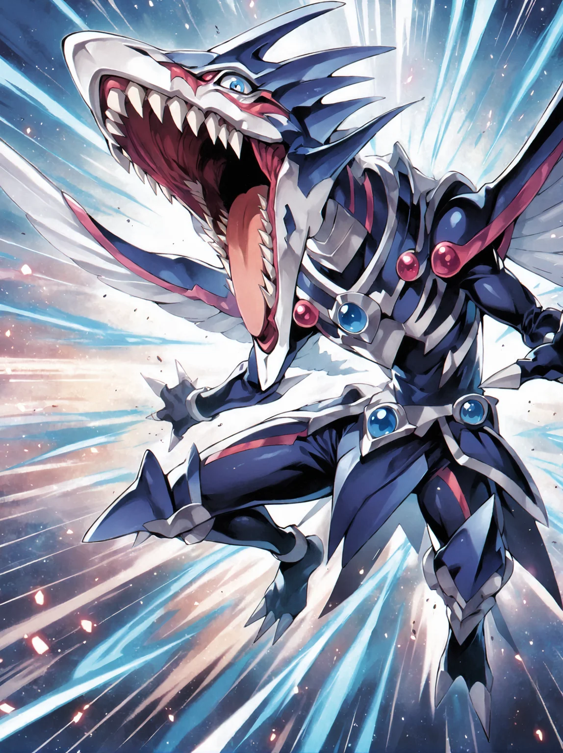 score_9, score_8_up, score_7_up, source_anime, (Masterpiece:1.3), (best quality:1.2), <lora:yu_gi_oh_art:1>,high resolution, high quality, detailed, intricate detail,source_anime,yu_gi_oh_style,no humans, duel monster, solo, open mouth, wings, blue eyes, teeth, sharp teeth, tongue, emphasis lines, full body, yugioh (creature),eye detail