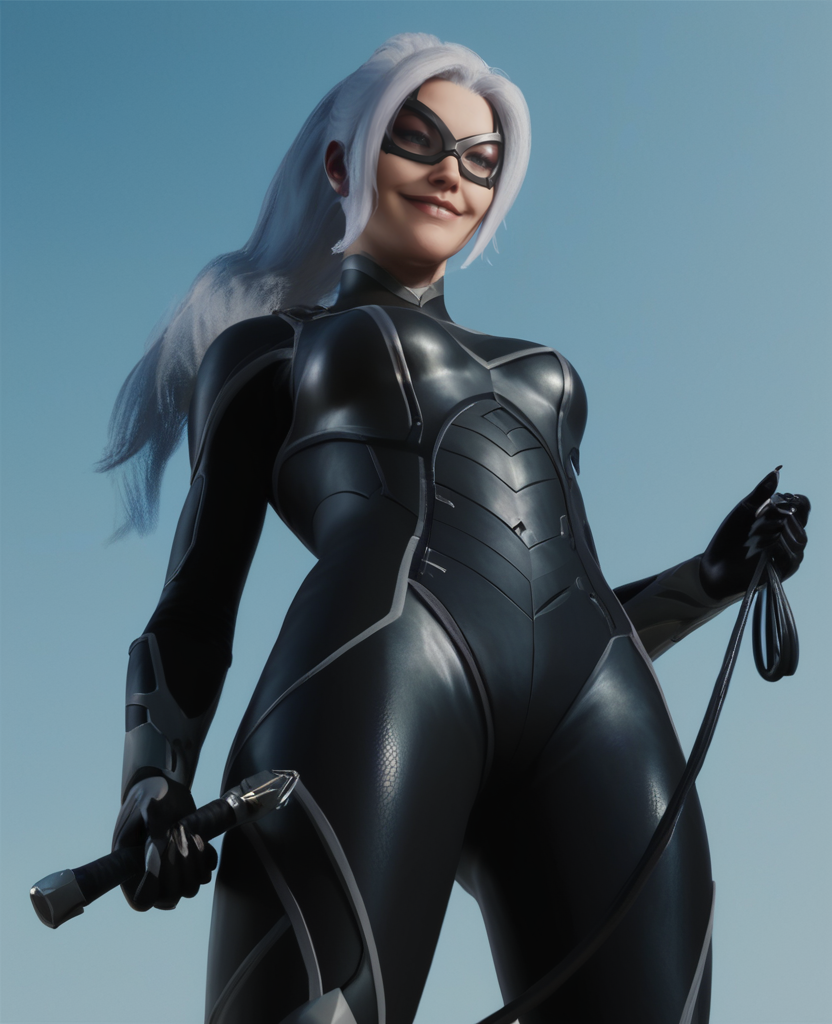 score_9,score_8_up,score_7_up,score_6_up, 3d, realistic, <lora:Black_Cat_ps4ps5_Pony-000007:0.8> , blackcat, 1girl, long hair, gloves, ponytail, white hair, bodysuit, black bodysuit, domino mask, cowboy shot, holding whip, portrait, smile, from below,