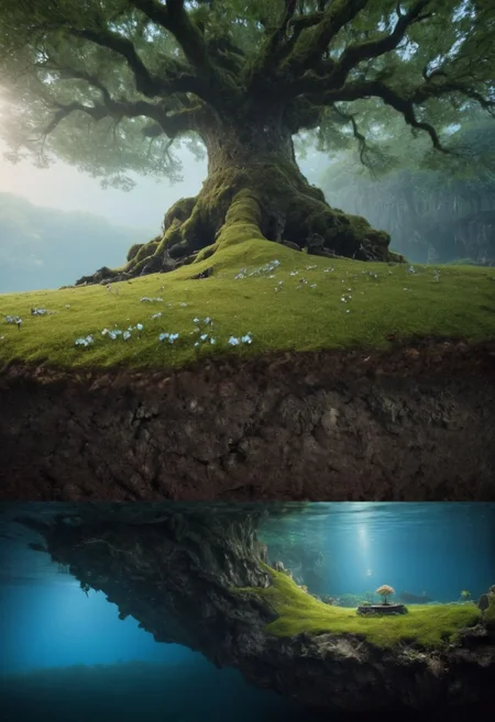 Cross-section of the Underground with a Large rooty oak tree above, Side View, flowers Moss Garden, Blue Sky, Large roots growing into the Underground Crystal Blue water cave beneath the surface, Large earth crust, translucent weathered gems and a Goblin sitting at that Underground Lake, atmospheric haze, Film grain, cinematic film still, shallow depth of field, highly detailed, high budget, cinemascope, moody, epic, OverallDetail, gorgeous, 2000s vintage RAW photo, photorealistic, candid camera, color graded cinematic, eye catchlights, atmospheric lighting, skin pores, imperfections, natural, shallow dof,.