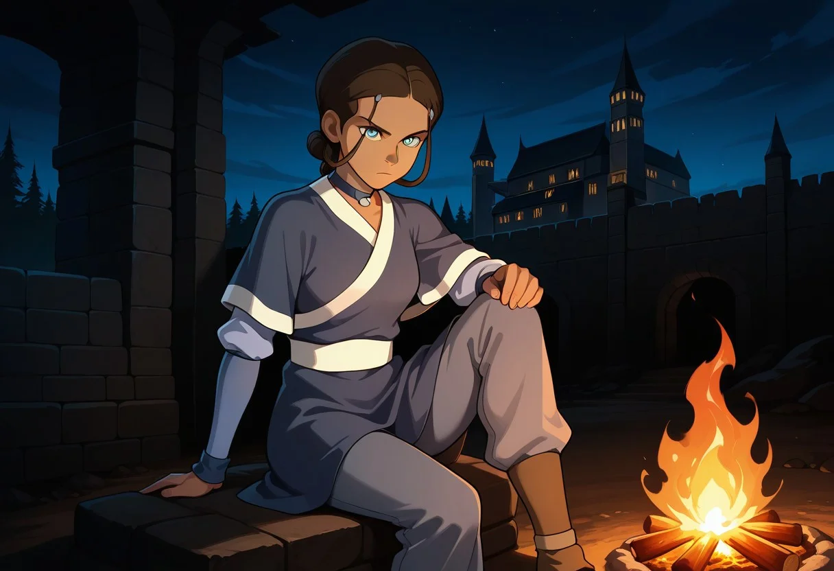 masterpiece, best quality, amazing quality,
1girl, solo,
katara,
serious,
blue tunic, white trim, pants, wrist bands<
knee up, hand on knee,
Campfire, Night, Dark, Castle, dark souls,