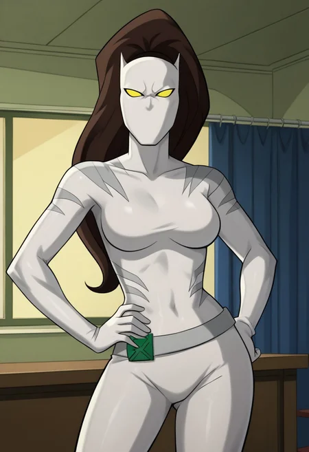 safe_pos, PonyXLV6_Scores BREAK (((parody style, parody:1.2)), perfect anatomy, cowboy shot) ava, brown hair, long hair, dark-skinned female, flirting, ((looking at viewer)), mask, yellow eyes, no pupils, ponytail, white bodysuit, curvy, toned, athletic, standing, hand on hip, sexually suggestive, indoors
