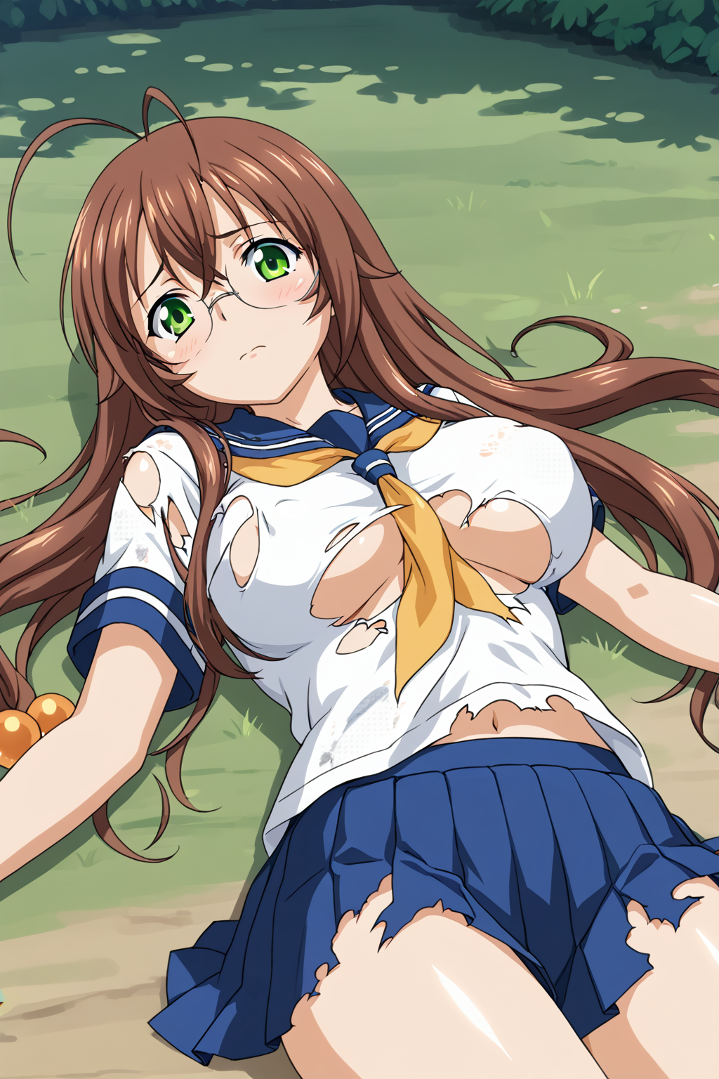 score_9, score_8_up, score_7_up, BREAK source_anime, masterpiece, anime screencap, shiny skin,
1girl, solo, ryuubi gentoku, long hair, ahoge, brown hair, hair ornament, hair bobbles, green eyes, large breasts, glasses,   <lora:ryuubi_pony-000020:0.7>
serafuku, white shirt, yellow neckerchief, pleated skirt, blue skirt, 
(torn shirt, torn skirt, torn clothes:1.2), covered breasts, blush, lying on back, cowboy shot, outdoor,