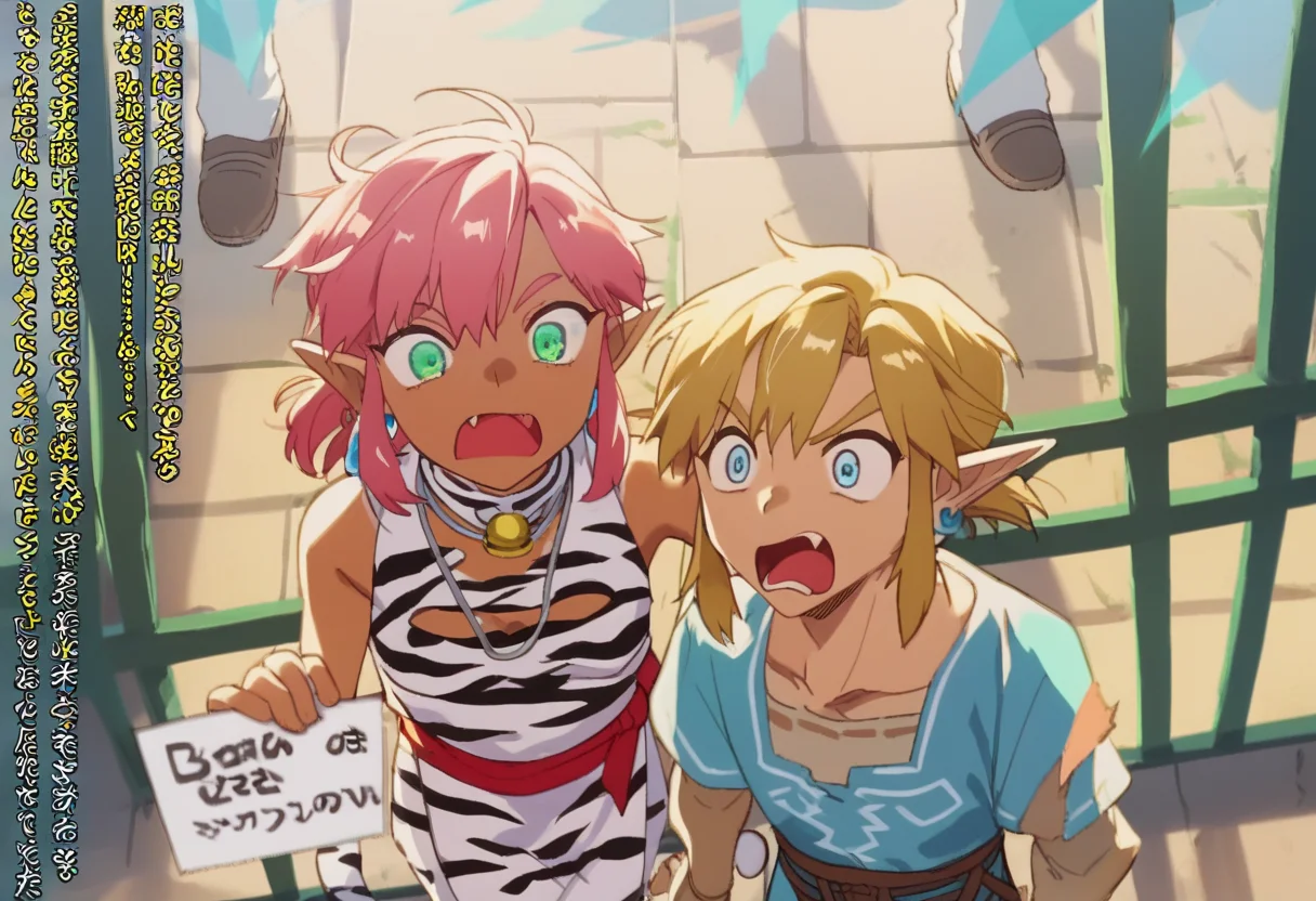 score_9, score_8_up, score_7_up, score_6_up, Masterpiece, source_anime screenshot, duo, 1 girl, 1 boy, vivid colors, full color, shiny and glossy, anime style, high-res, beautiful aesthetic, very intricate, high-quality details, vibrant, highly detailed, award-winning, professional, <lora:pink-ponyxl-v2:1>, 1 girl, single fang showing, sleeveless dress, white tiger print dress, pelvic curtain, cleavage, white cat ears, cat bell necklace, bright pink hair, tanned, white tiger tail, red sash, small breasts, leather shoes, detailed eyes, green eyes, detailed face, break, <lora:link:1> 1boy, link1, link, pointy ears, blonde hair, blue eyes, medium hair, side locks, earrings, short ponytail, blue hylian tunic, break, pink and link shouting, pink and link holding signs high above their heads, front view,