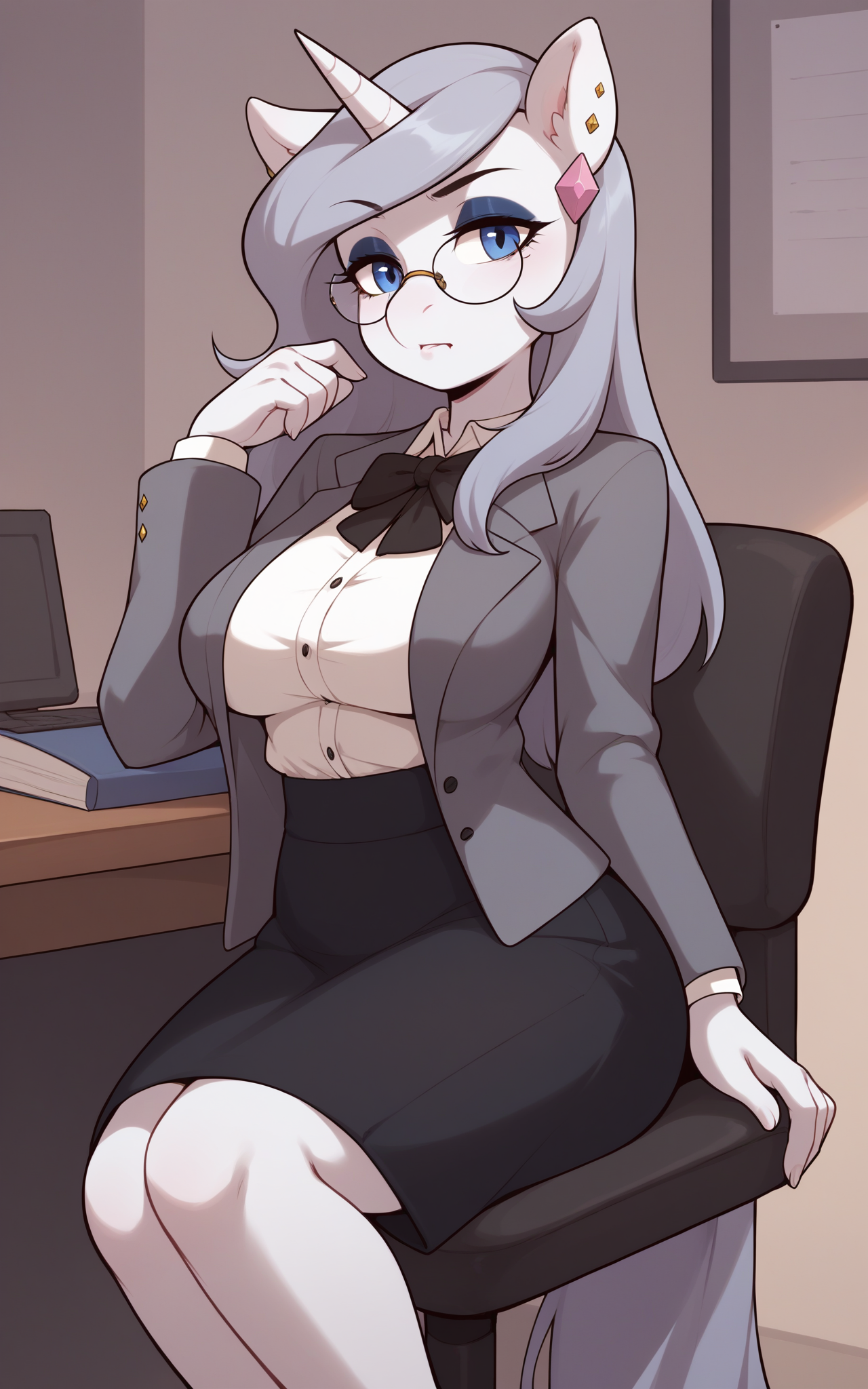<lora:PlatinumDecree_XL_v1.1E-CAME-07:0.80> PlatinumDecree, NSFW, score_9_up, score_8_up, score_7_up, score_6_up, indoors, office, on chair, desk in background, facing viewer, staring at the viewer,  1girl, solo, anthro unicorn, animal ears, single horn, tail, (colored skin, white skin), blue eyes, light blue eyeshadow, long hair, blunt bangs, grey hair, makeup, eyeliner, pink diamond earring, gold earrings, large breasts, glasses,  office worker, white blouse, grey long skirt, open grey jacket, neutral expression,