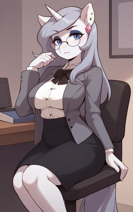 <lora:PlatinumDecree_XL_v1.1E-CAME-07:0.80> PlatinumDecree, NSFW, score_9_up, score_8_up, score_7_up, score_6_up, indoors, office, on chair, desk in background, facing viewer, staring at the viewer,  1girl, solo, anthro unicorn, animal ears, single horn, tail, (colored skin, white skin), blue eyes, light blue eyeshadow, long hair, blunt bangs, grey hair, makeup, eyeliner, pink diamond earring, gold earrings, large breasts, glasses,  office worker, white blouse, grey long skirt, open grey jacket, neutral expression,