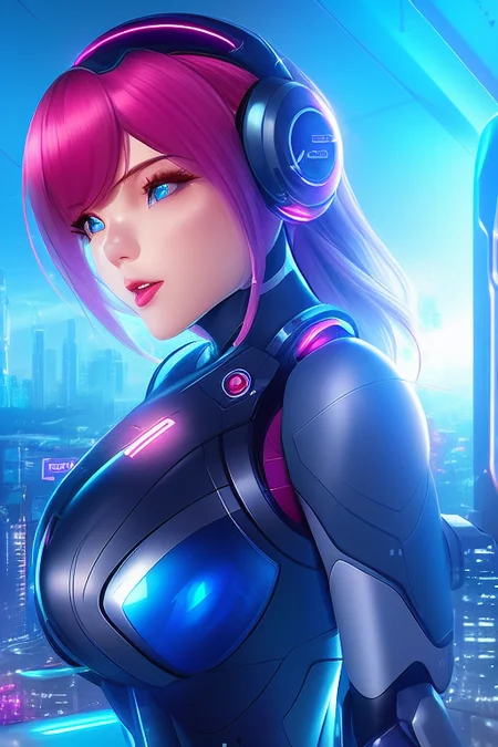 illustrated sakimi-style (closed-up:1.3) photo shot of a beautiful futuristic scifi (girl:1.2), detailed face, high quality face, beautiful, highly detailed, high quality, 8k, energy light, metal, shiny, cyberpunk style, neon light, city in background, (surface scattering:1.3), reflection