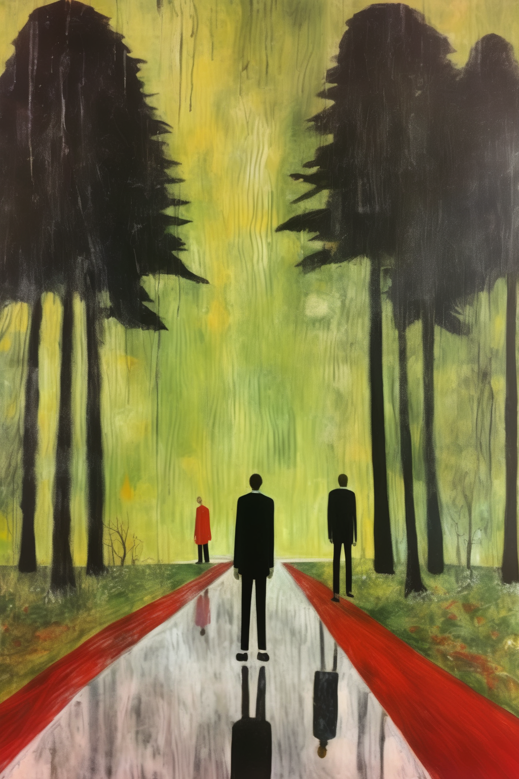 <lora:Peter Doig Style:1>Peter Doig Style - In the style of Peter Doig. Add people walking in the picture and a person in the foreground.