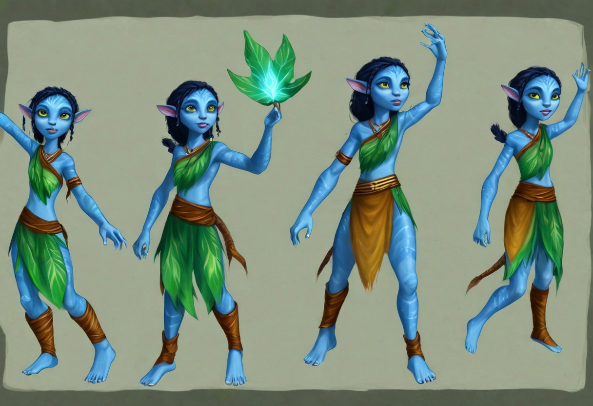 Character Design page of a young female Avatar navi alien with blue skin, wearing leaf tunic