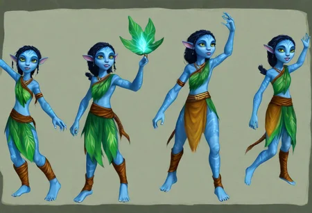 Character Design page of a young female Avatar navi alien with blue skin, wearing leaf tunic