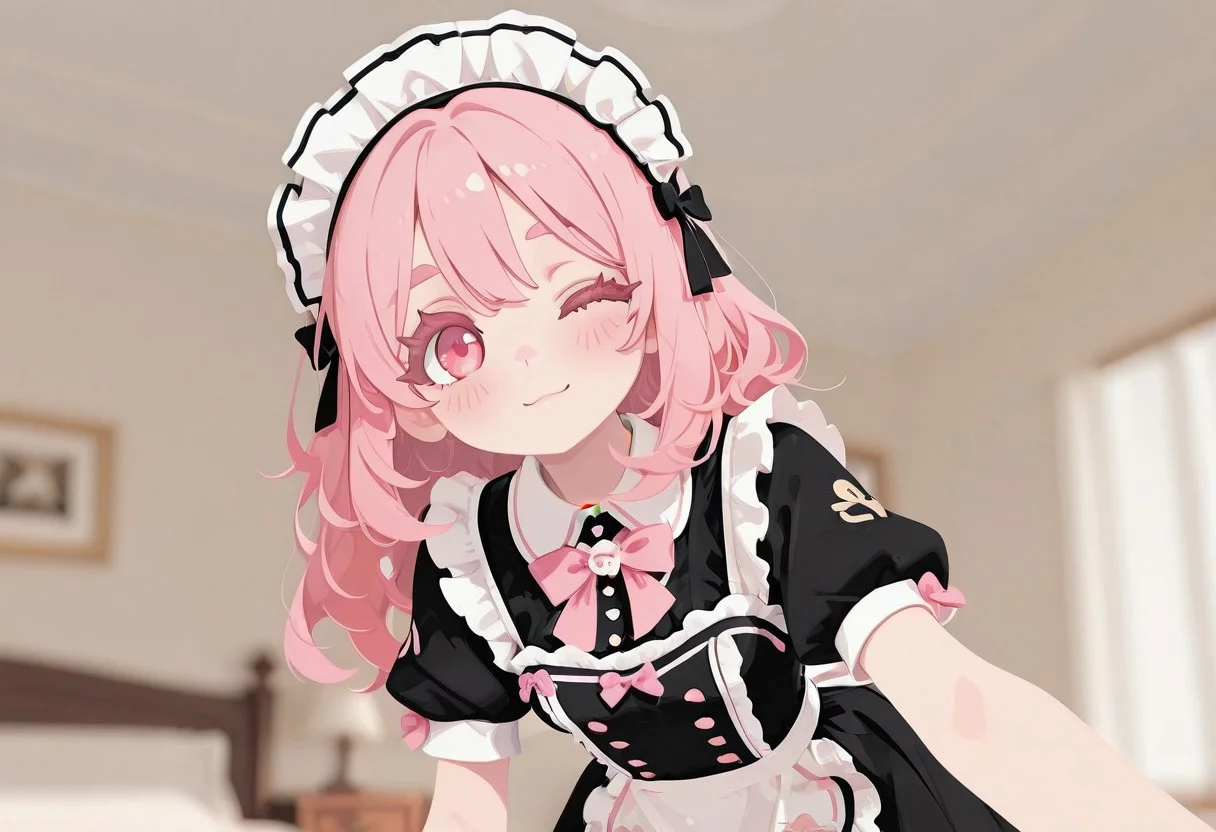 aesthetic, masterpiece, work of art, best quality, best, anime, detailed, score_9, score_8, score_7, Expressiveh, Expressiveh, fabulosity_style, best quality, flat color, no lineart, no outline, blurry background, depth of field, thick eyelashes, maid dress, pink bow, frills, short sleeves, maid headdress, 1 girl, cute, blush, wink, leaning towards viewer