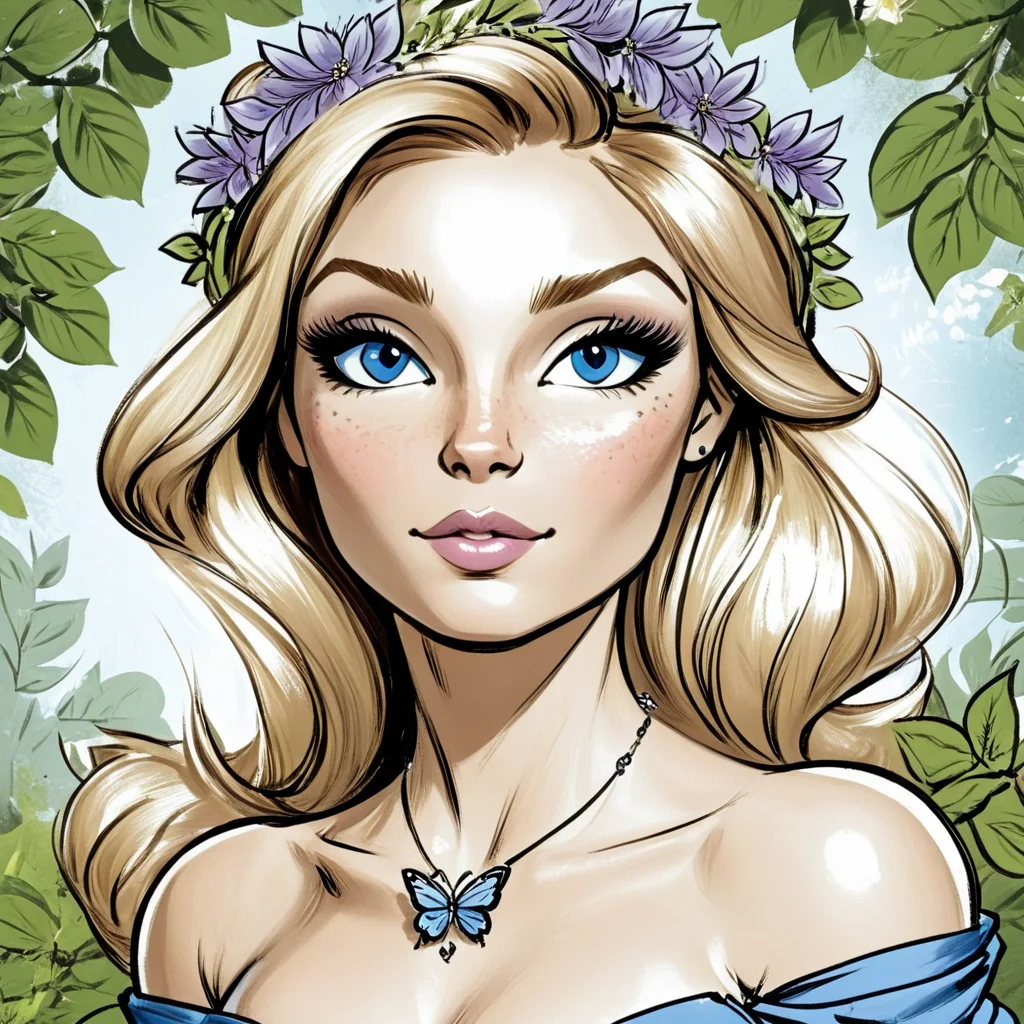<lora:Azure_Sketch_Illustration:1> ArsMJStyle, AzureSketch, Cat, ArsMJStyle, AzureSketch,, Virgo, The image shows a woman with long blonde hair wearing a blue dress and a necklace surrounded by a wreath of flowers and leaves., 1girl, solo, flower, long hair, breasts, hair ornament, blonde hair, cleavage, hair flower, butterfly, bug, looking at viewer, jewelry, parted lips, blue eyes, freckles, lips, upper body, bare shoulders, purple flower