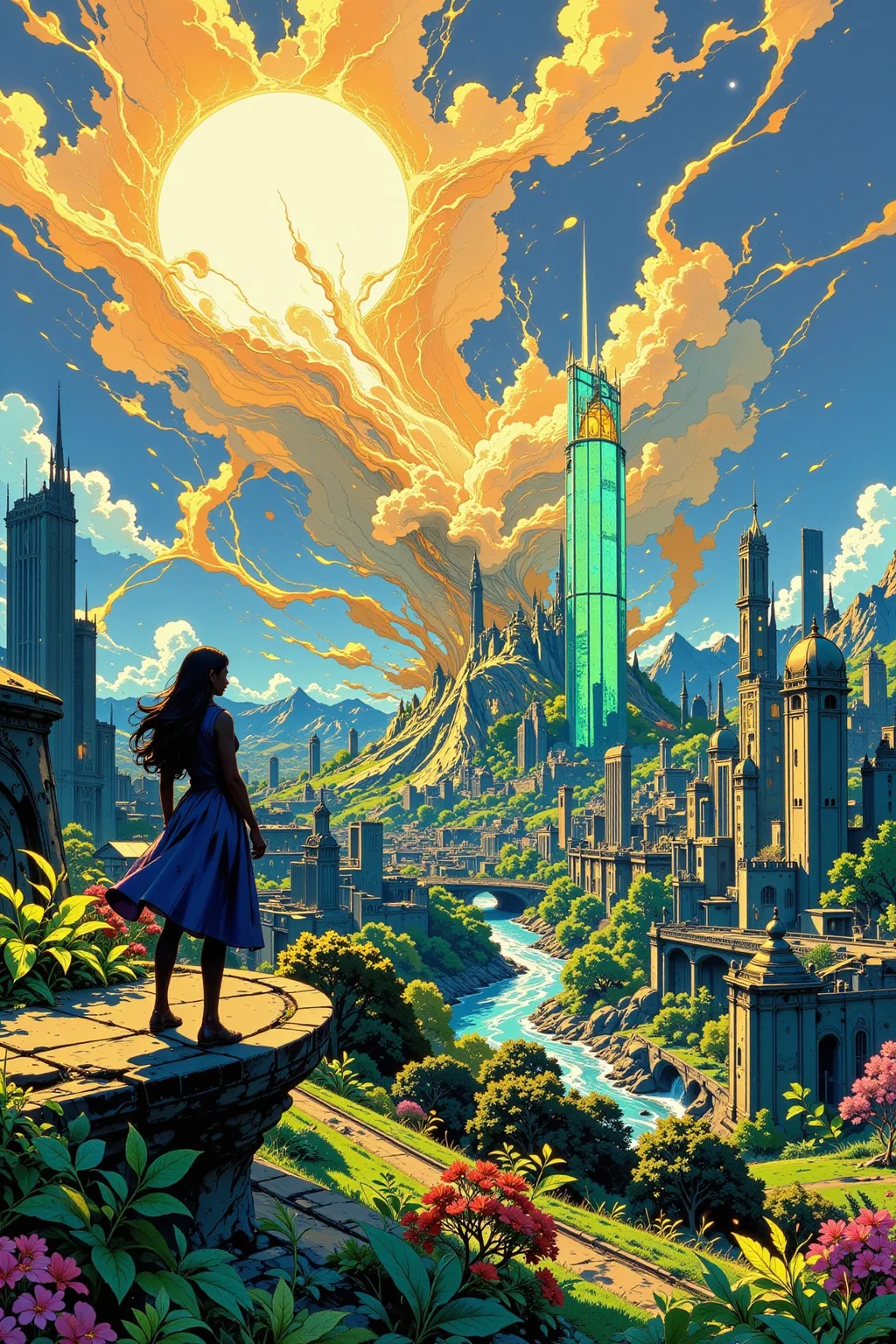 The City of Glass beautiful landscape, bright sunny sky, woman, very intricate, very detailed, sharp, bright, colorful, <lora:Hand v2:0.5> <lora:Anti-Blur:1><lora:Insane Detail Slider:0.25> <lora:flux.1_lora_flyway_Epic-detail_v2:0.3> <lora:fluxenhancer:0.25> <lora:ROWER:0.6> <lora:Anime art - Variant 3:0.6> Anime art