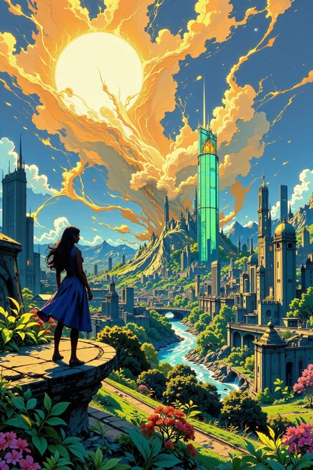 The City of Glass beautiful  landscape, bright sunny sky, woman, very intricate, very detailed, sharp, bright, colorful, <lora:Hand v2:0.5> <lora:Anti-Blur:1><lora:Insane Detail Slider:0.25>  <lora:flux.1_lora_flyway_Epic-detail_v2:0.3> <lora:fluxenhancer:0.25> <lora:ROWER:0.6> <lora:Anime art - Variant 3:0.6> Anime art