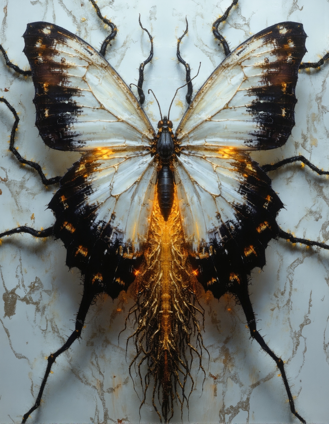 A hyper-detailed, biomechanical butterfly with wings that appear almost porcelain-like, transitioning from a pure, ghostly white at the center to inky black at the tips, adorned with fine, golden veins that glow faintly. The insect’s thorax and lower body morph into an intricate mass of elongated, sinewy tendrils resembling neural pathways or delicate roots, cascading downward into an abyss of darkness. The background consists of an ethereal, almost liquid expanse of swirling white and gray textures, resembling flowing marble or organic tissue, infused with an enigmatic, glowing energy. The butterfly exudes an eerie yet mesmerizing presence, as if it is a celestial being suspended between worlds, both fragile and powerful in its surreal elegance.
 <lora:FluxDFaeTasticDetails:0.25> <lora:fechin-FLUX:0.75>
