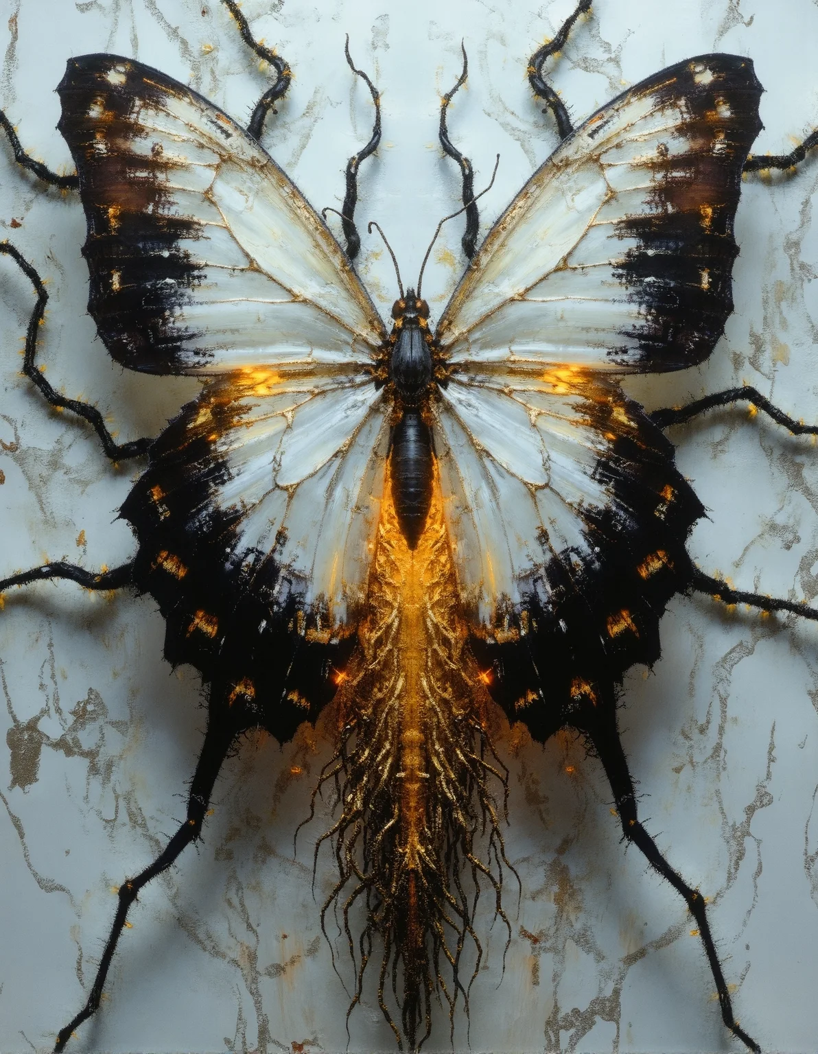 A hyper-detailed, biomechanical butterfly with wings that appear almost porcelain-like, transitioning from a pure, ghostly white at the center to inky black at the tips, adorned with fine, golden veins that glow faintly. The insect’s thorax and lower body morph into an intricate mass of elongated, sinewy tendrils resembling neural pathways or delicate roots, cascading downward into an abyss of darkness. The background consists of an ethereal, almost liquid expanse of swirling white and gray textures, resembling flowing marble or organic tissue, infused with an enigmatic, glowing energy. The butterfly exudes an eerie yet mesmerizing presence, as if it is a celestial being suspended between worlds, both fragile and powerful in its surreal elegance.
<lora:FluxDFaeTasticDetails:0.25> <lora:fechin-FLUX:0.75>