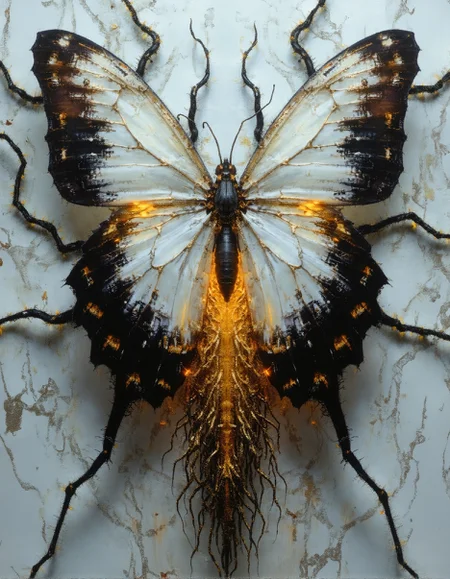 A hyper-detailed, biomechanical butterfly with wings that appear almost porcelain-like, transitioning from a pure, ghostly white at the center to inky black at the tips, adorned with fine, golden veins that glow faintly. The insect’s thorax and lower body morph into an intricate mass of elongated, sinewy tendrils resembling neural pathways or delicate roots, cascading downward into an abyss of darkness. The background consists of an ethereal, almost liquid expanse of swirling white and gray textures, resembling flowing marble or organic tissue, infused with an enigmatic, glowing energy. The butterfly exudes an eerie yet mesmerizing presence, as if it is a celestial being suspended between worlds, both fragile and powerful in its surreal elegance.
 <lora:FluxDFaeTasticDetails:0.25> <lora:fechin-FLUX:0.75>