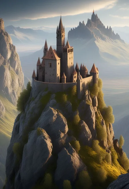 castle on a (rock spire), mountain in background, best quality, masterpiece, illustration, realistic, photo-realistic, amazing, finely detail, incredibly absurdres, huge filesize, ultra-detailed, highres, extremely detailed CG unity 8k wallpaper