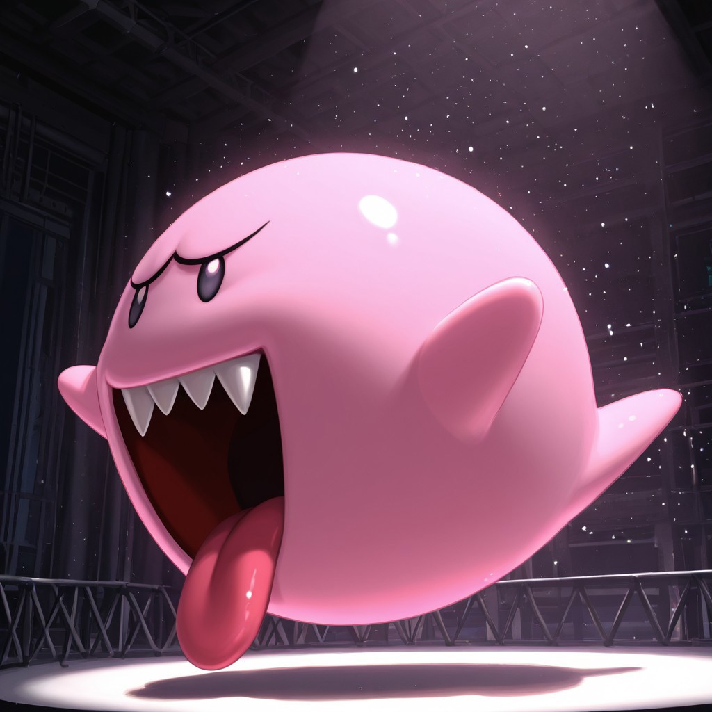 2d, solo, Boo, red boo, feral, Ghost, Ball ghost, pink body, legless, featureless hands, black eyes, no sclera, sharp teeth, open mouth, tongue out, 
BREAK full body, indoors, inside, dark environment, stage, spotlight, light particles, floating
BREAK best quality, amazing quality, very aesthetic, absurdres, newest, masterpiece, high quality