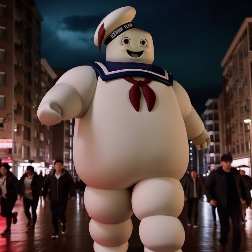 BibendumChamallow1024, a huge giant with a sailor hat, full body, walks in a city, people are panicking and running, night , rain , highly detailed, attack on titan, photography, ultra sharp, film, professional, 64k  <lora:BibendumChamallow1024:0.8>