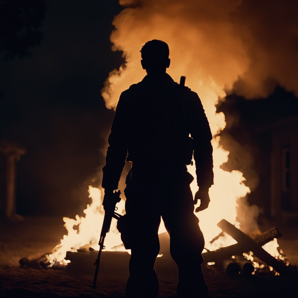 cinematic film still of  <lora:Chiaroscuro Lighting Style:1>
dramatic, cinematic, shadow, partially covered in shadow, a man standing in front of a fire with smoke coming out of it Chiaroscuro Lighting Style, holding, standing, weapon, multiple boys, holding weapon, gun, helmet, fire, holding gun, scenery, rifle, smoke, silhouette, assault rifle, giant, soldier, low light, dim light, silhouette, shallow depth of field, vignette, highly detailed, high budget, bokeh, cinemascope, moody, epic, gorgeous, film grain, grainy
