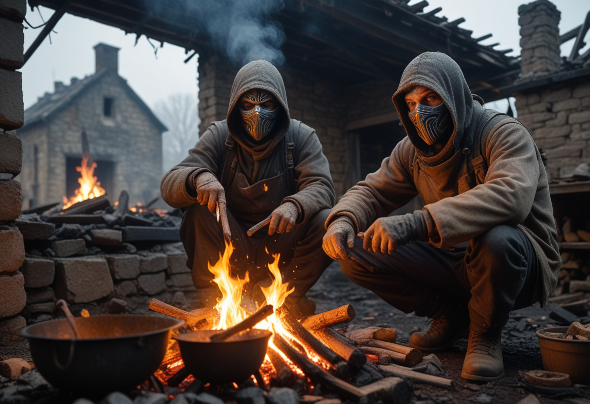 (medium full shot) of (long shot , low angle view) of bandit cooking over a fire, detailed face, located in a ruined world at a decayed farm during early morning with rainy weather, illuminated by solar flare, creating a hopeful atmosphere, Masterpiece,best quality, photo, realistic, very aesthetic,