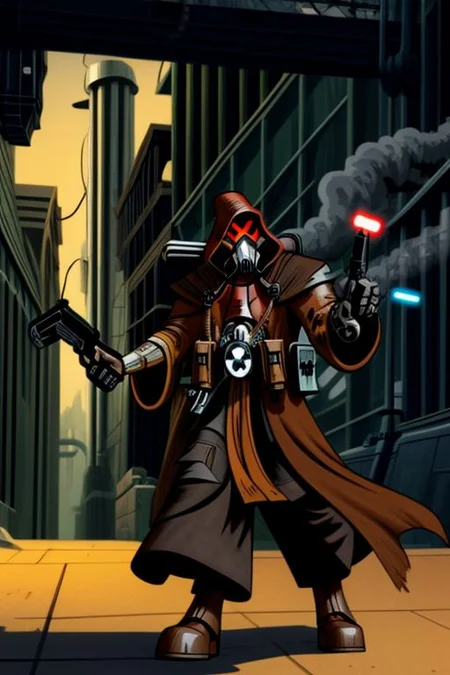 ((masterpiece,best quality)), absurdres, BREAK
mechanical arms, robes, hood, BREAK
((techpriest)), cyborg, mechanical face, mechanical limbs, gas mask, mechanical tentacles, (mechanical backpack), BREAK
1other, solo, holding pistol, firearm, handgun, pistol, gun, BREAK
factory background, smoggy sky, air pollution, smokestacks, BREAK
(tcw2003 style)
