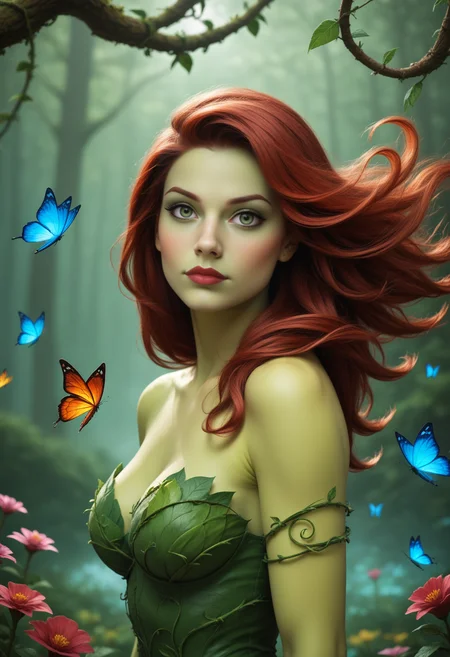 score_9_up, score_8_up, score_7_up, (((enchanted-magical-forest-background))), butterflies, flowers, (((naturecore))) BREAK poison_ivy, dc_comics, 1girl, red_hair, green_eyes, green skin, flowing hair, wind, volumetric lighting, <lora:HairFlowv1:0.6>