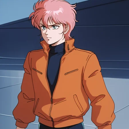 <lora:rainaguydoubleagent_pony_v1:.8>RainaJacket, orange jacket, slightly closed jacket, solo, pink hair, pants, retro artstyle, 1980s (style), turtleneck, short hair,  cowboy shot,